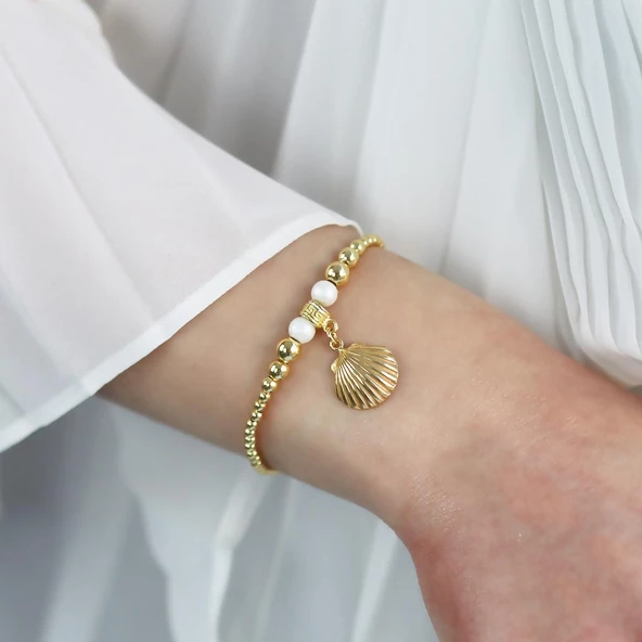 İstiridye Gold Kaplama Gümüş Bileklik - Resim 3
