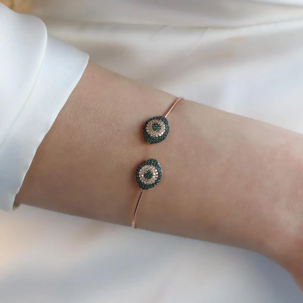 2'li Nazar Yeşil Taşlı Rose Gold Kaplama Gümüş Kelepçe - Resim 3