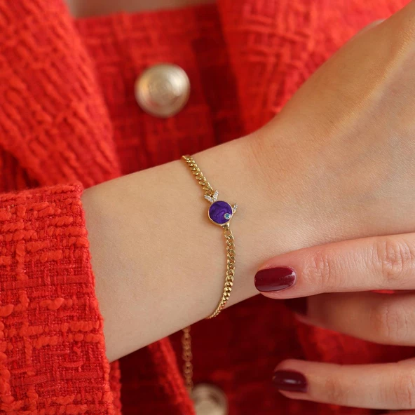 Mor Mine İşli Balık Modeli Gold Kaplama Gurmet Gümüş Bileklik - Resim 2