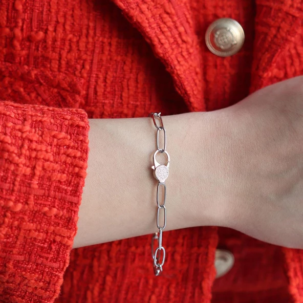 Zirkon Taşlı Ataç Zincir Gümüş Bileklik - Resim 4