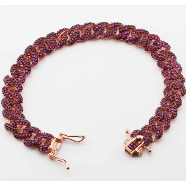 Mor Taşlı Gurmet Model Gümüş Zincir Kadın Bileklik - Resim 4