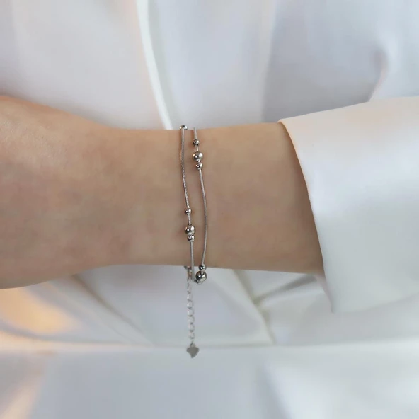 Çift Zincirli Top Model Gümüş Bileklik - Resim 4