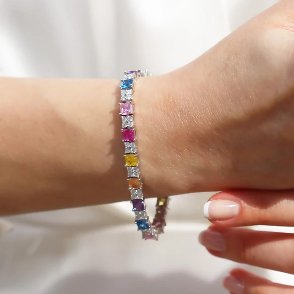 Kare Renkli Zirkon Taşlı Gümüş Bileklik - Resim 2