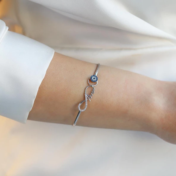 Sonsuzluk Nazar Boncuklu Annem Yazılı Gümüş Kelepçe - Resim 2