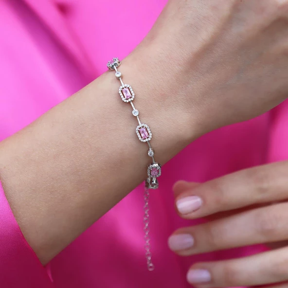 Pembe Zirkon Taşlı Baget Sıralı Gümüş Bileklik ürün görseli 1