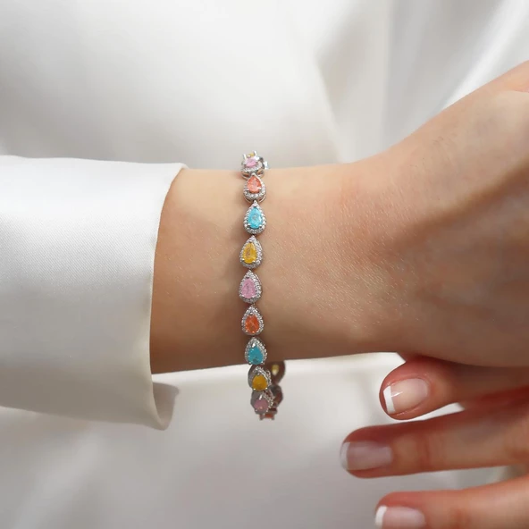 Rainbow Zirkon Damla Taşlı Gümüş Bileklik ürün görseli 1