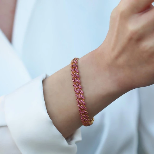 Pembe Zirkon Taş Gold Kaplama Gümüş Gurmet Bileklik - Resim 3