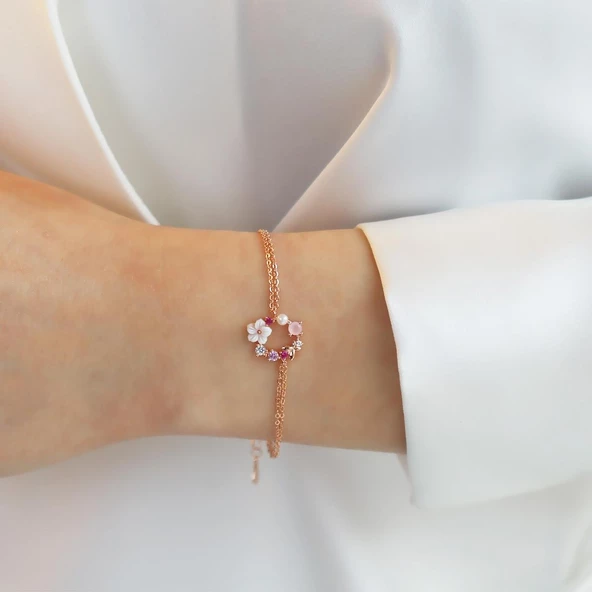 İnci ve Çiçek Motifli Rose Gold Kaplama Gümüş Bileklik - Resim 2
