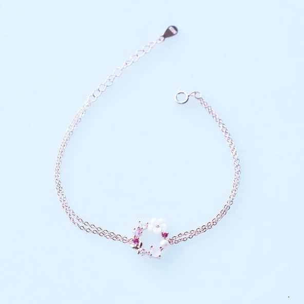 İnci ve Çiçek Motifli Rose Gold Kaplama Gümüş Bileklik - Resim 4