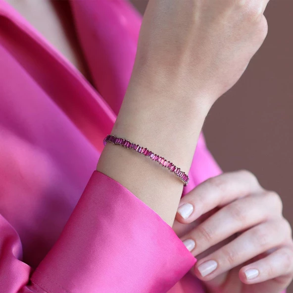 Pembe Baget Taşlı Gümüş Kelepçe - Resim 3