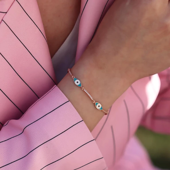 Zirkon Taşlı Mavi Mine İşli Göz Modeli Rose Gold Kaplama Gümüş Bileklik