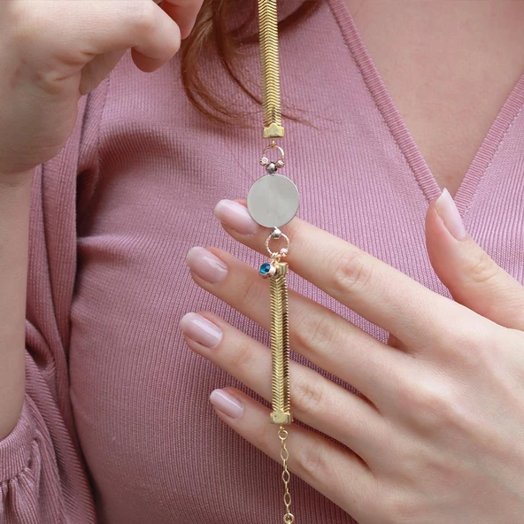 Italyan Zincir Gold Kaplama Nazar Boncuklu Plaka Gümüş Bileklik - Resim 3