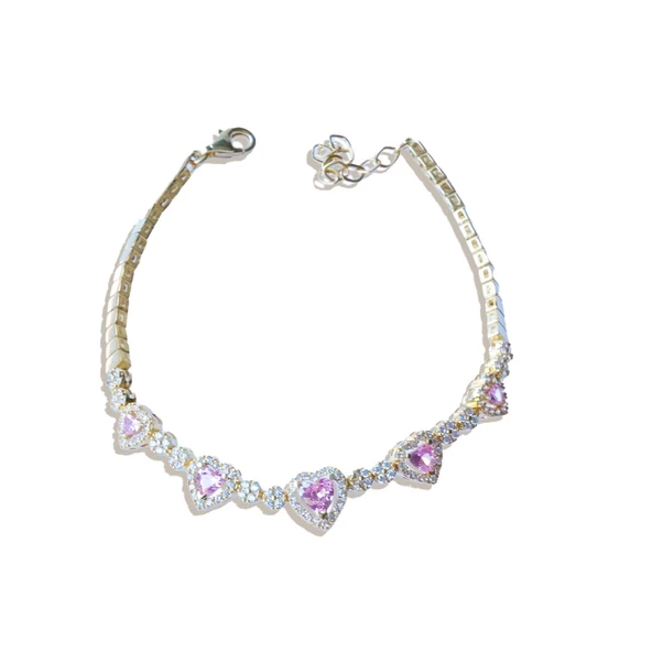 Pembe Kalp Gold Kaplama Gümüş Bileklik - Resim 4