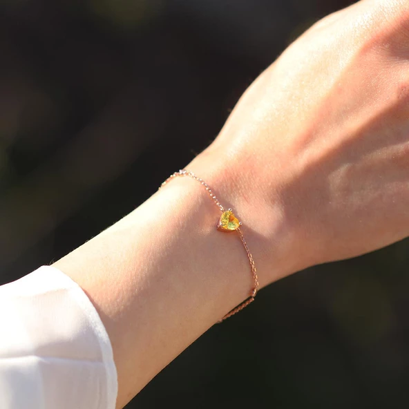 Sitrin Taşlı Rose Gold Kaplama Sevgili Kalp Gümüş Bileklik - Resim 3