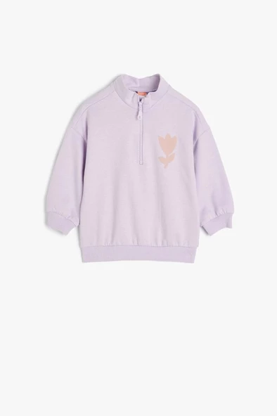 Koton Kız Bebek Sweatshirt Dik Yaka Uzun Kollu Yarım Fermuarlı Baskı Detaylı Şardonlu