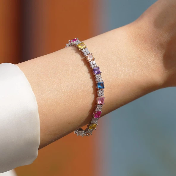 Kare Renkli Zirkon Taşlı Gümüş Bileklik - Resim 3