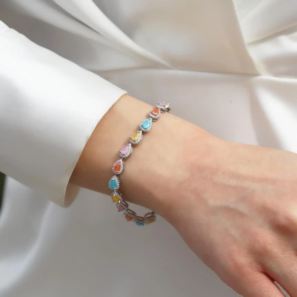 Rainbow Zirkon Damla Taşlı Gümüş Bileklik - Resim 2