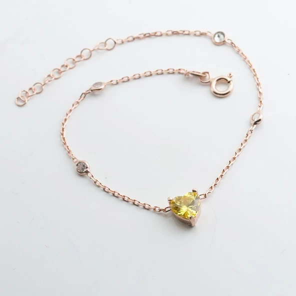Sitrin Taşlı Rose Gold Kaplama Sevgili Kalp Gümüş Bileklik - Resim 2
