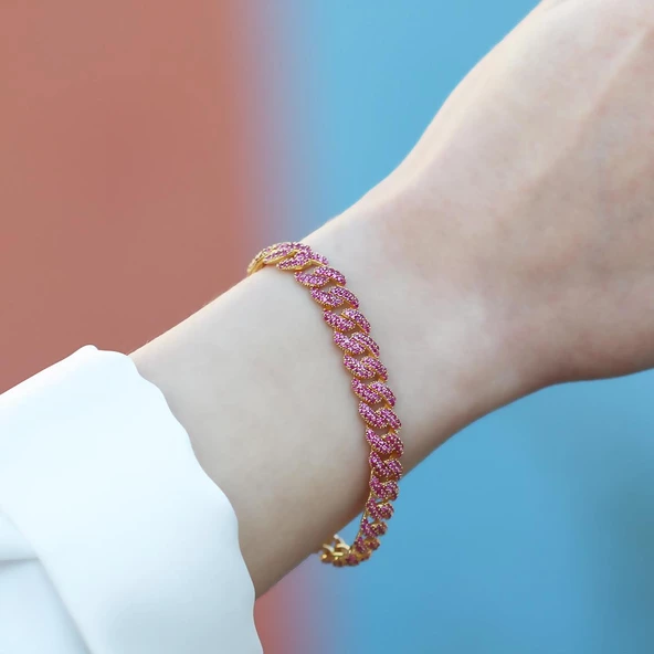 Pembe Zirkon Taş Gold Kaplama Gümüş Gurmet Bileklik - Resim 4