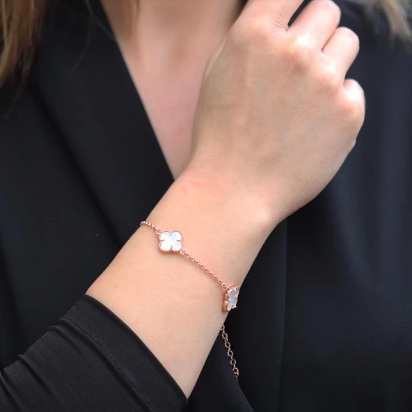 İkonik Alhambra Sedef Taşlı Rose Gold Kaplama Gümüş Bileklik - Resim 4