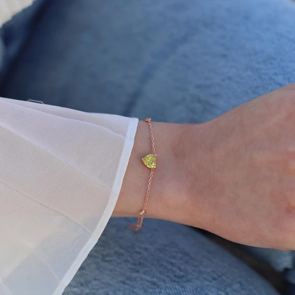 Sitrin Taşlı Rose Gold Kaplama Sevgili Kalp Gümüş Bileklik ürün görseli 1