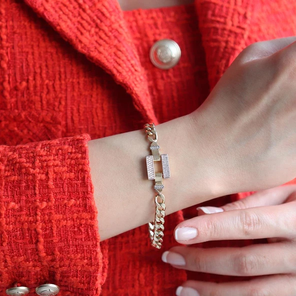 Gurmet Modeli Zirkon Taşlı Gold Kaplama Gümüş Bileklik ürün görseli 1