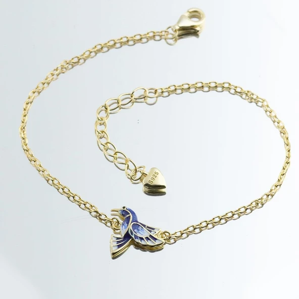 Totem Kuşu Lacivert Mine İşli Gold Kaplama Gümüş Bileklik - Resim 4