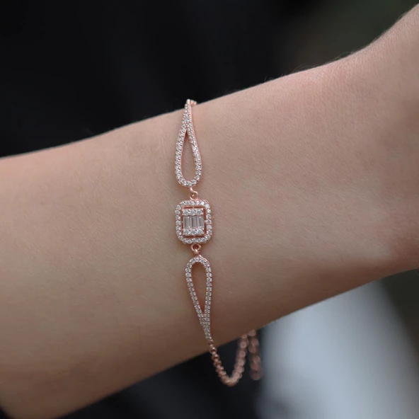 Baget Kesim Zirkon Taşlı Rose Gold Kaplama Gümüş Bileklik - Resim 2