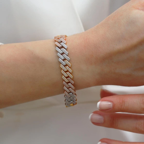 Fizyon Gurmet 3 Renkli Zirkon Taşlı Gümüş Bileklik - Resim 3