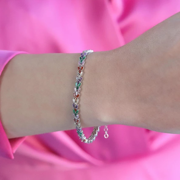 Renkli Zirkon Taşlı Başak Gümüş Bileklik - Resim 3