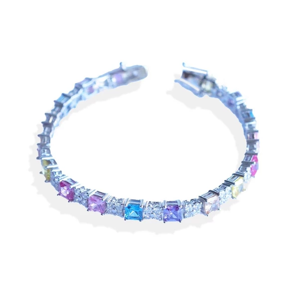 Kare Renkli Zirkon Taşlı Gümüş Bileklik - Resim 5