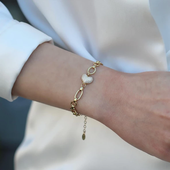 Zirkon Taşlı Kalp Gold Kaplama Gümüş Hallow Bileklik - Resim 4