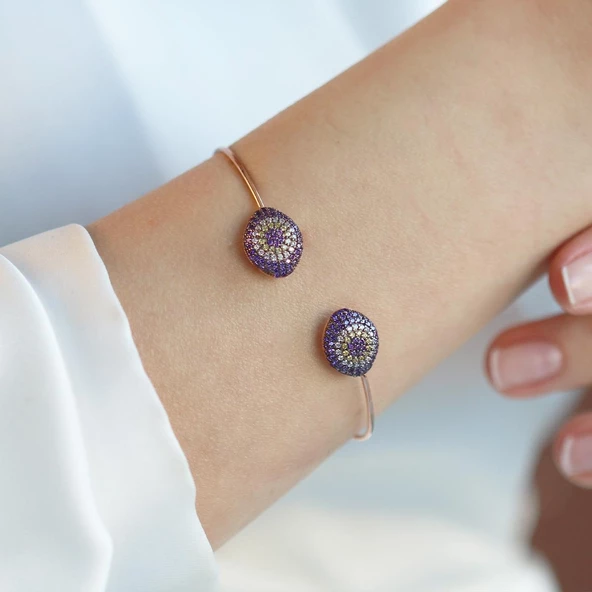 2'li Nazar Mor Taşlı Rose Gold Kaplama Gümüş Kelepçe - Resim 3