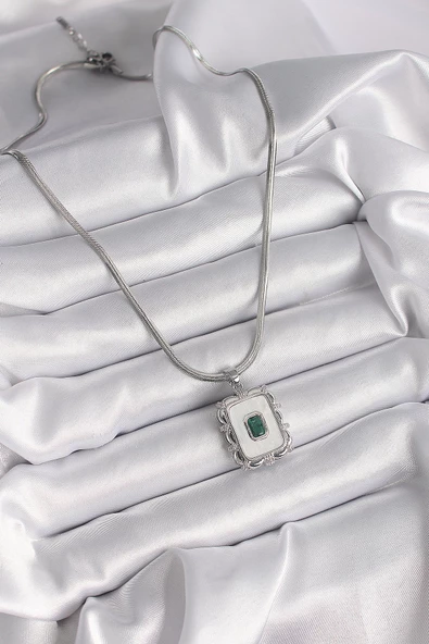 Gümüş Renk İtalyan Zincir Beyaz Sedefli Kare Portre Model Zümrüt Taş Detay Kadın Kolye - EBJ241214W29950 - Resim 2