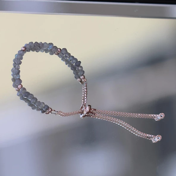 Dumanlı Kuvars Taşlı Rose Gold Kaplama Asansörlü Gümüş Bileklik - Resim 4