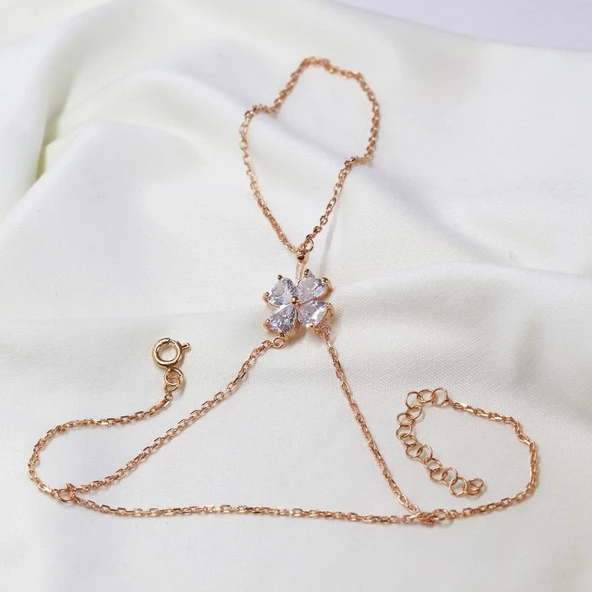 Zirkon Taşlı Yonca Rose Gold Kaplama 925 Ayar Gümüş Şahmeran - Resim 2