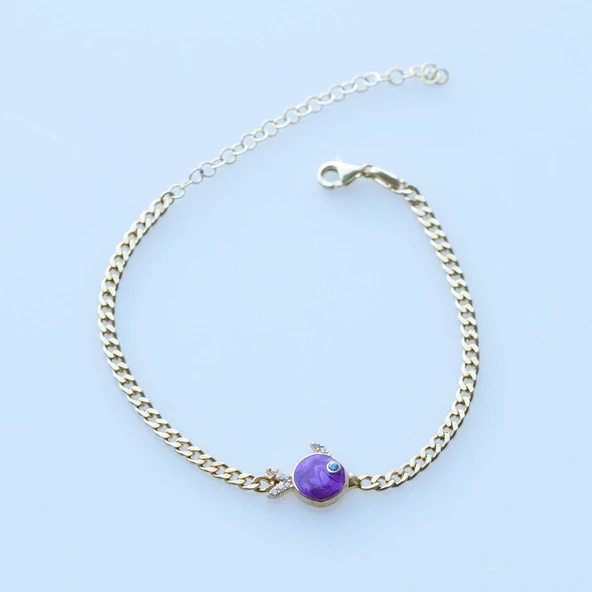 Mor Mine İşli Balık Modeli Gold Kaplama Gurmet Gümüş Bileklik - Resim 4