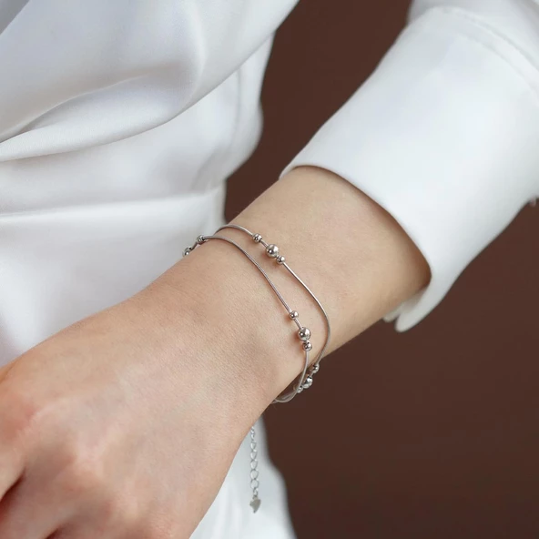 Çift Zincirli Top Model Gümüş Bileklik ürün görseli 1