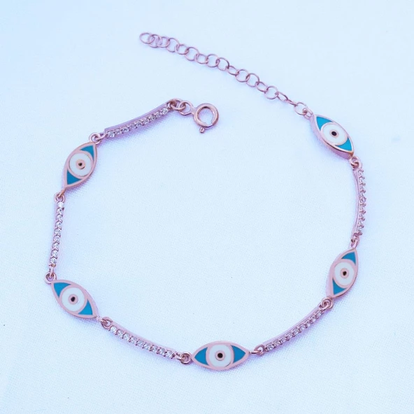 Zirkon Taşlı Mavi Mine İşli Göz Modeli Rose Gold Kaplama Gümüş Bileklik - Resim 2