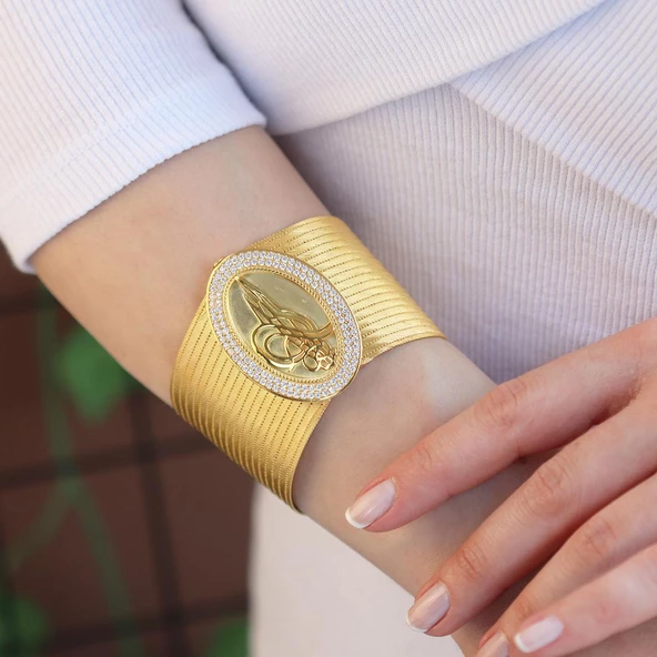 925 Ayar Gümüş Üzerine Gold Kaplama 19 Sıra Trabzon Kelepçe - Resim 3