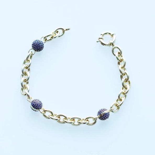 Lacivert Taşlı Gold Kaplama 3 Toplu Gümüş Hallow Bileklik - Resim 2