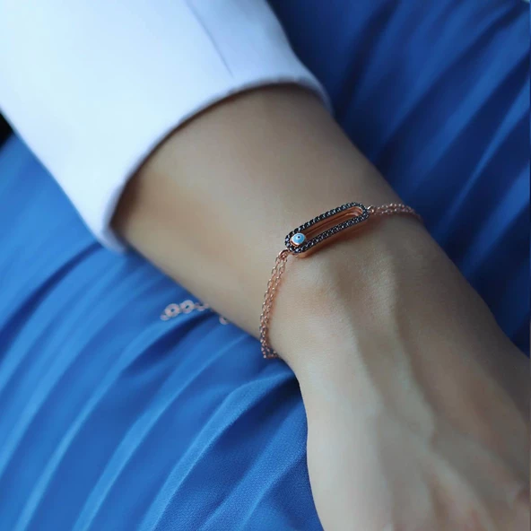 Siyah Zirkon Taşlı Nazar Boncuklu Rose Gold Kaplama Gümüş Bileklik ürün görseli 1