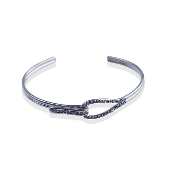 Düğüm Taşlı Siyah Rodyum Gümüş Kelepçe - Resim 3