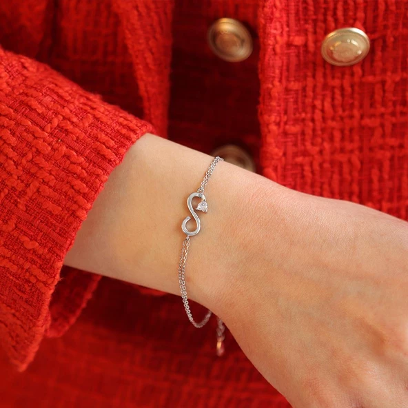 Sonsuzluk Modeli Kalp Taş Detaylı Gümüş Bileklik - Resim 4