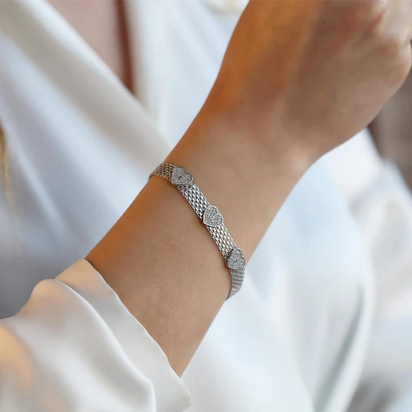 Hasır Kalpli Gümüş Bileklik - Resim 4