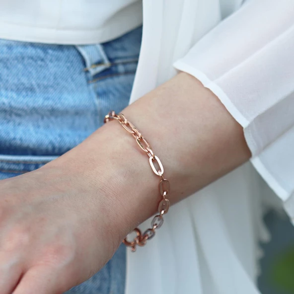 Trend Geçme Zincirli Rose Gold Kaplama Hallow Bileklik - Resim 4