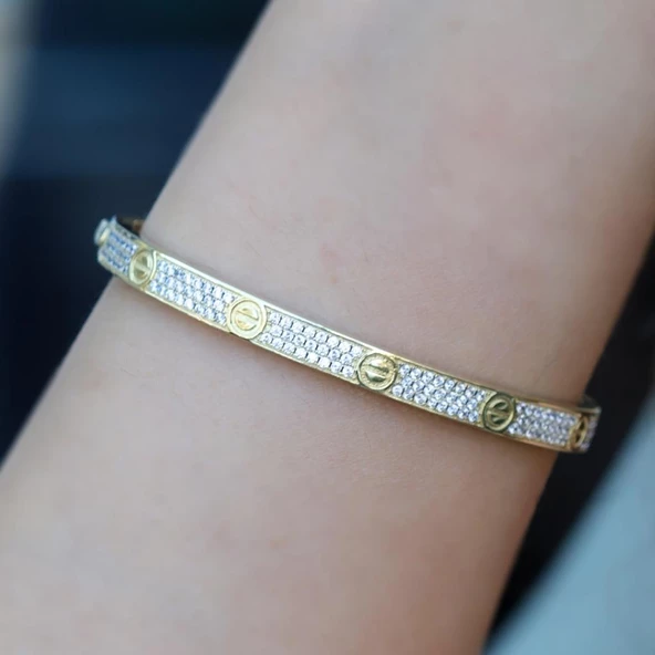 Crtr Modeli Gold Kaplama Zirkon Taşlı Gümüş Kelepçe - Resim 2