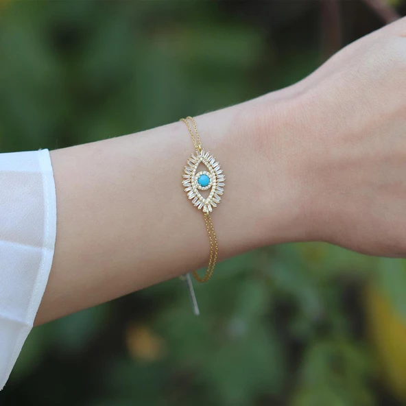 Göz Modeli Turkuaz Taşlı Gold Kaplama Gümüş Bileklik - Resim 2