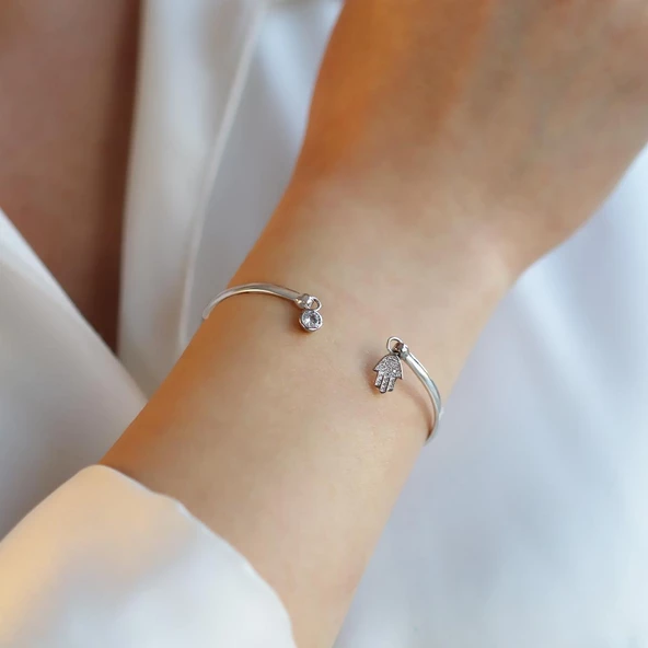 Fatma Ana Eli Sallantı Figürlü Gümüş Kelepçe - Resim 2