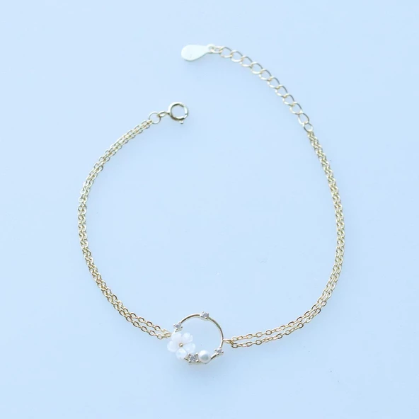 Zambak Çiçeği İnci Detaylı Gold Kaplama Gümüş Bileklik - Resim 4